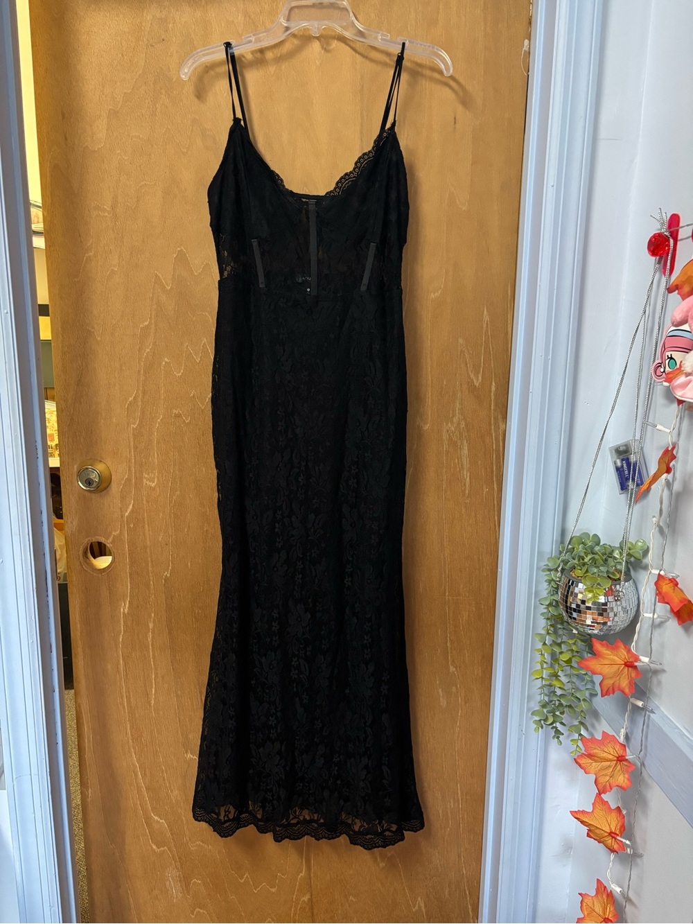 Aqua Black Lace Maxi Slip Dress with Spaghetti Straps